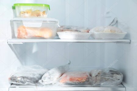 Prodotti surgelati etnici esposti in un banco freezer.